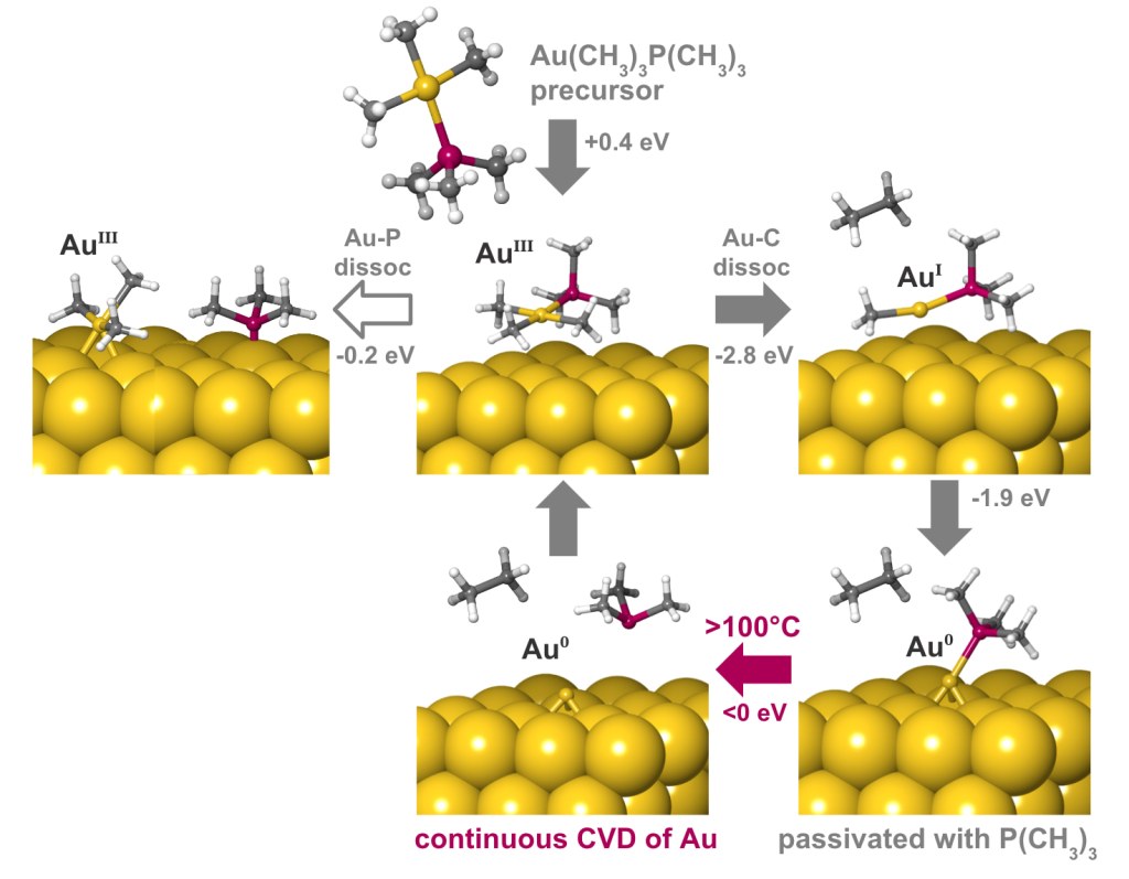 Figure 2. Mechanism of deposition of gold from trimethylphosphinotrimethylgold(III) computed with DFT, including free energies evaluated at 100°C.