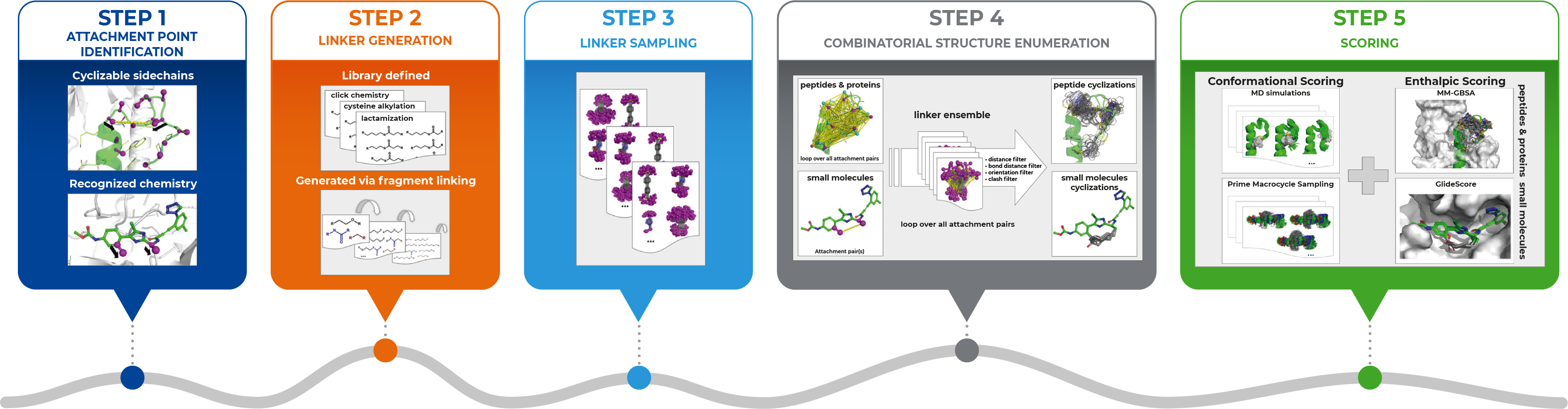 Figure 1. Procedure for the automated design of macrocycles. (Step 1) The user prepares a linear starting molecule. The attachment points may be either identified automatically or specified by the user. (Step 2) Generation of chemical linkers. These might either be provided as explicit lists, e.g., based on available chemical reagents, or can be grown automatically by combining and enumerating small breeding fragments. (Step 3) A full conformational ensemble of each linker is generated and (step 4) mapped with all attachment points to eliminate unfavorable cyclizations applying different geometric filter criteria. (Step 5) Finally, the cyclized ligands are ranked applying conformational and/or enthalpic scoring.